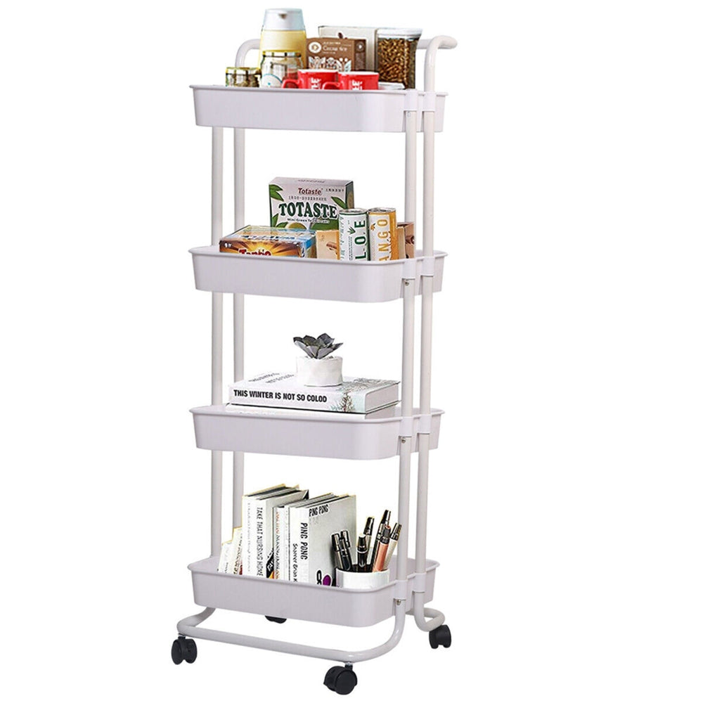 Viviendo 4 Tier Organiser Trolley in Carbon steel &amp; Plastic with Omnidirectional Wheels and Metal Frame With Handle - White