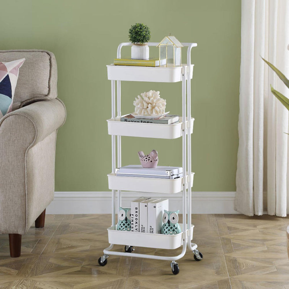 Viviendo 4 Tier Organiser Trolley in Carbon steel &amp; Plastic with Omnidirectional Wheels and Metal Frame With Handle - White