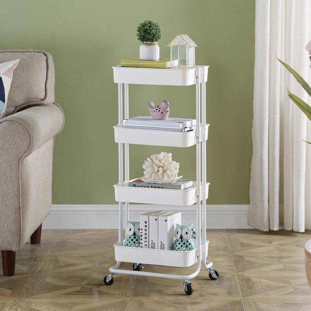 Viviendo 4 Tier Organiser Trolley in Carbon Steel &amp; Plastic with Omnidirectional Wheels and Metal Frame - White