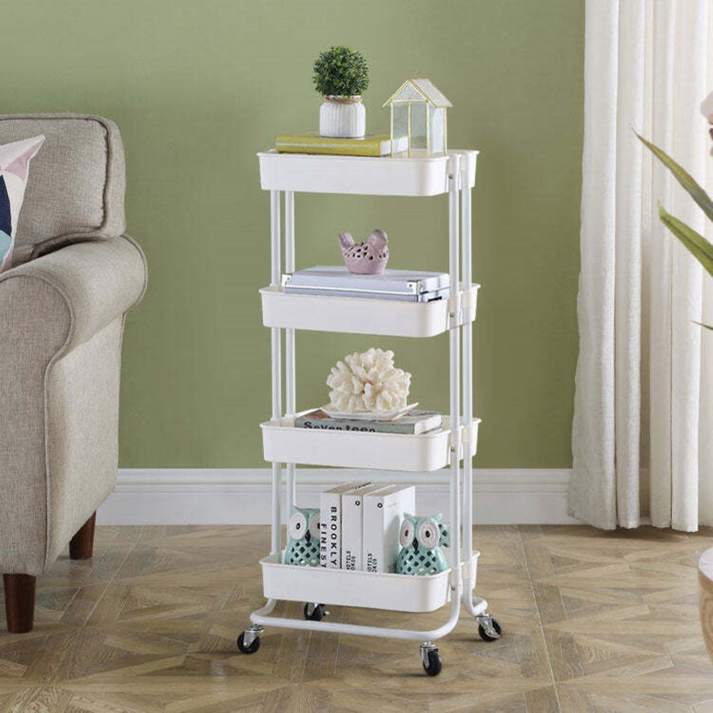 Viviendo 4 Tier Organiser Trolley in Carbon Steel &amp; Plastic with Omnidirectional Wheels and Metal Frame - White