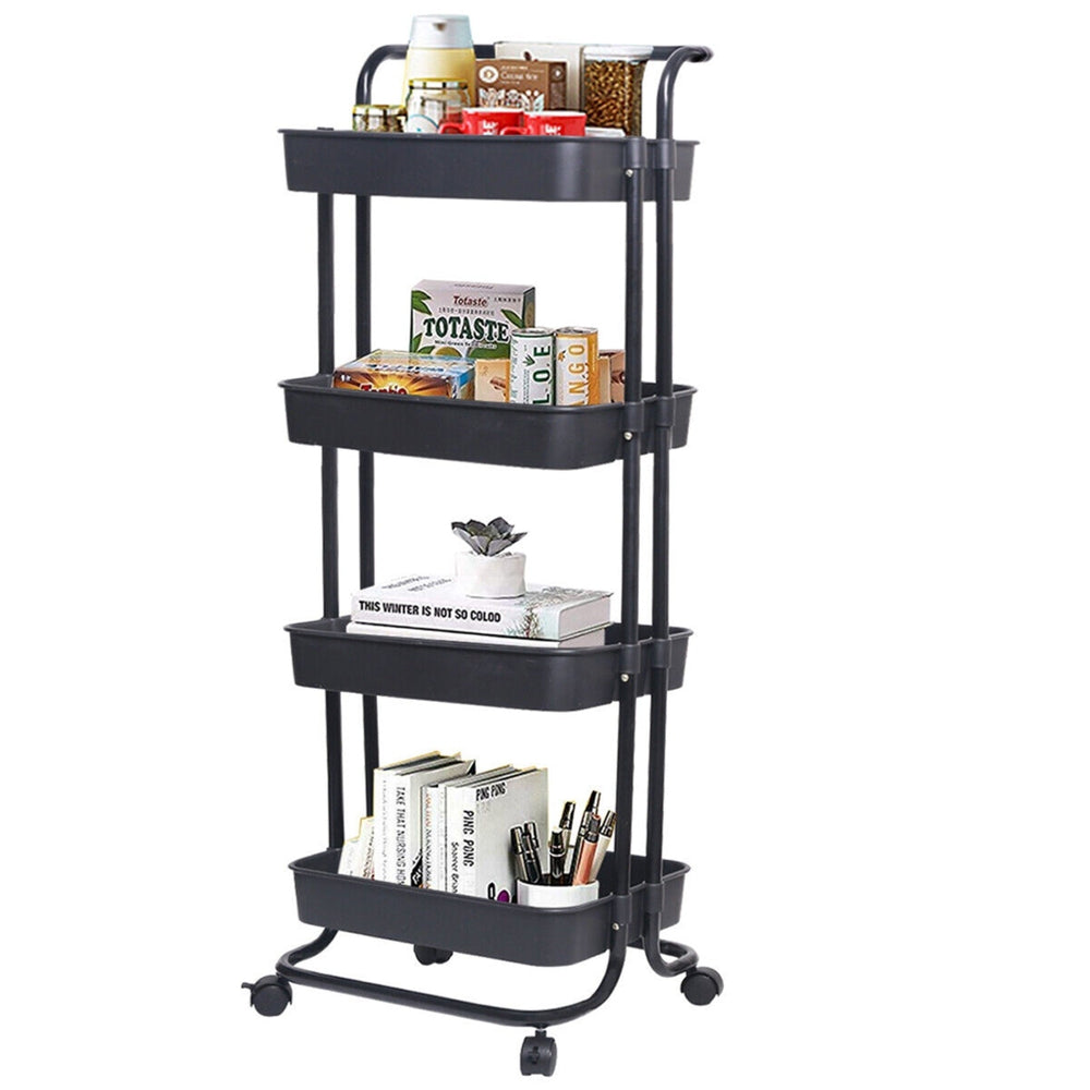 Viviendo 4 Tier Organiser Trolley in Carbon steel &amp; Plastic with Omnidirectional Wheels and Metal Frame With Handle - Black