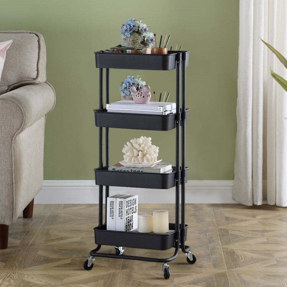 Viviendo 4 Tier Organiser Trolley in Carbon Steel &amp; Plastic with Omnidirectional Wheels and Metal Frame - Black