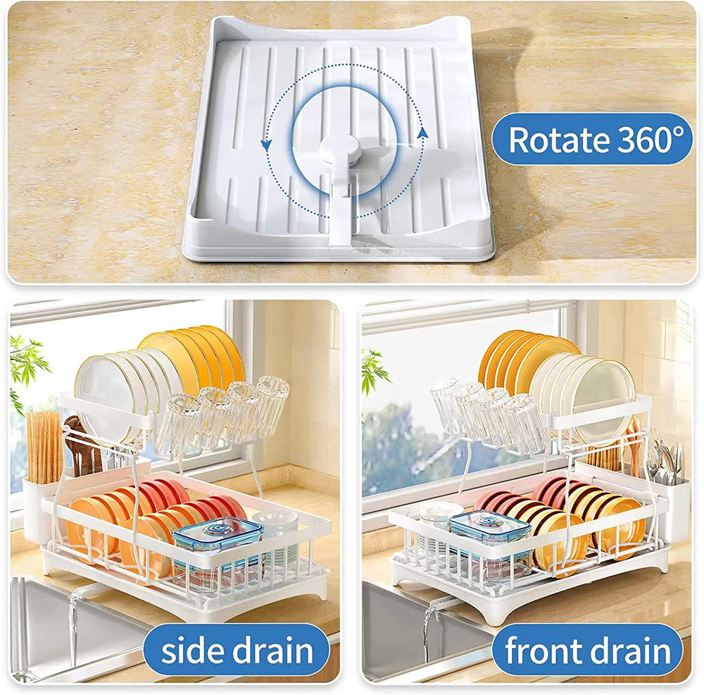Viviendo 2 Tier Dish Drainer Drying Rack in Carbon Steel with Kitchen Counter Cup and Cutlery Holder - White