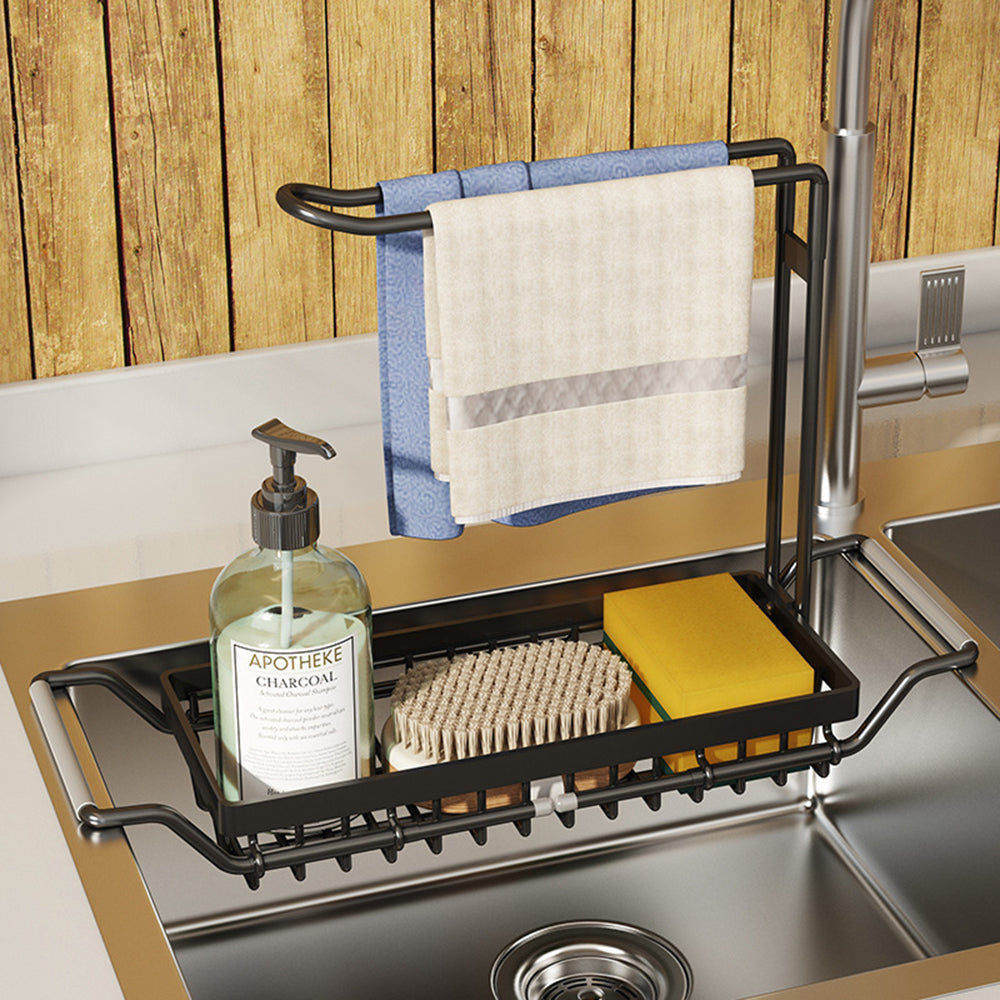 Expandable In-Sink Dish Drying Rack, Over the Sink Kitchen Caddy with Handles and Tea Towel Rack- Black