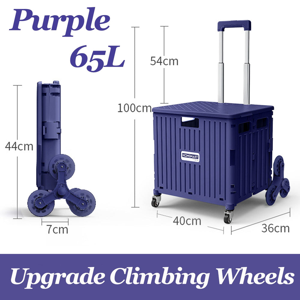 Viviendo 65L Foldable Shopping Trolley Cart Portable Grocery Basket Climbing Wheel with Top Cover - Purple