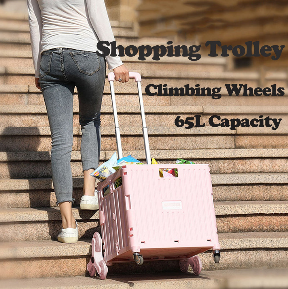 Viviendo 65L Foldable Shopping Trolley Cart Portable Grocery Basket Climbing Wheel with Top Cover - White