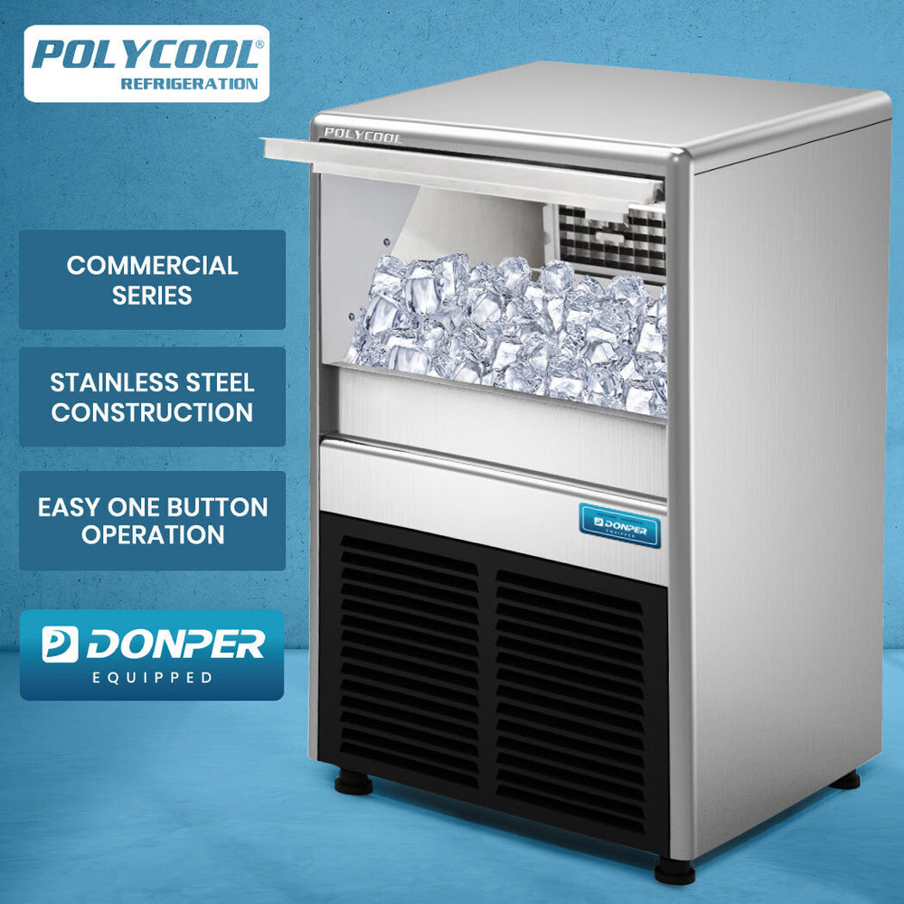 POLYCOOL Commercial Automatic Ice Cube Maker, Free Standing Stainless Steel Ice Machine, 410 Grade