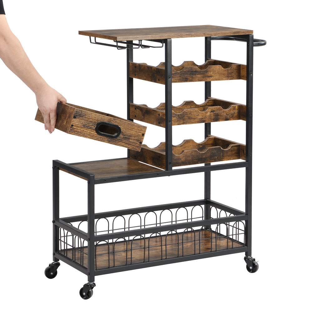IHOMDEC Bar Cart on Wheels with Wine Rack and Glass Holder, Removable Wood Tray Rustic Brown