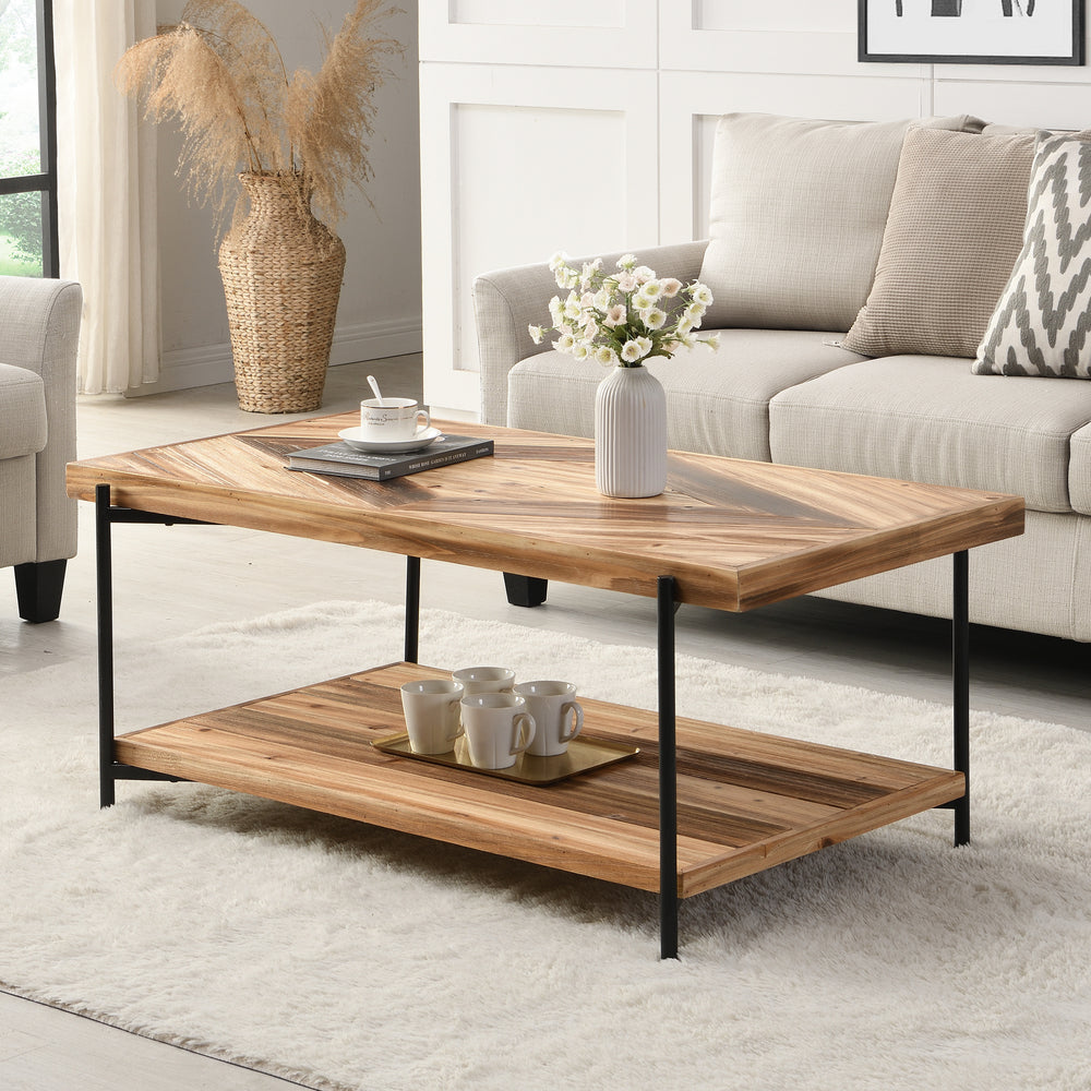 IHOMDEC 2-Tier Rectangle Metal &amp; Fir Wood Coffee Table with Top Unique Diamond Pattern Brown