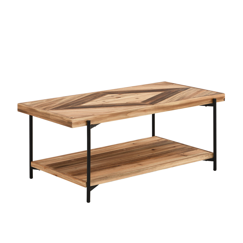 IHOMDEC 2-Tier Rectangle Metal &amp; Fir Wood Coffee Table with Top Unique Diamond Pattern Brown