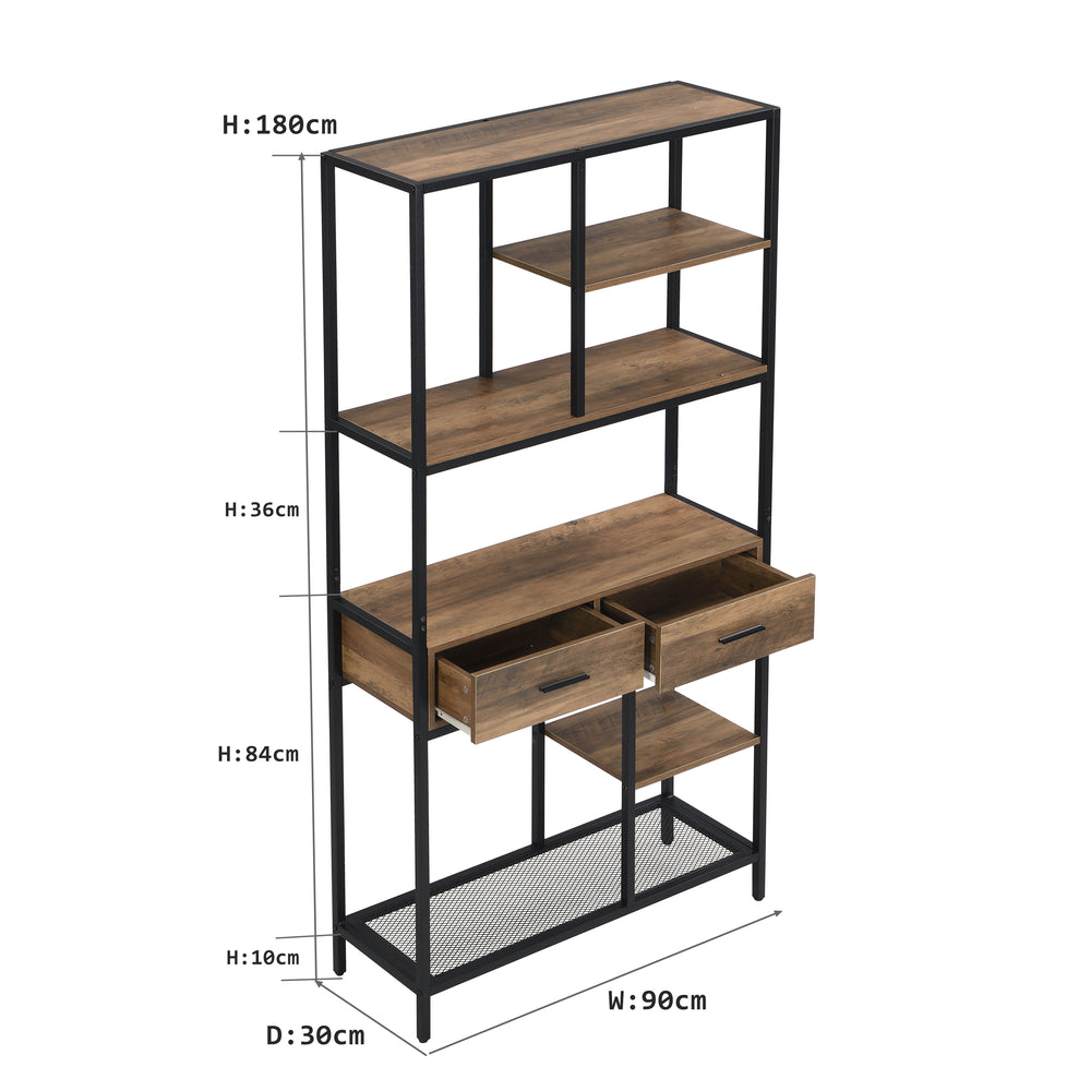 IHOMDEC 6-Tier Open Multi-function Bookshelf with Drawers Rust Dark Brown