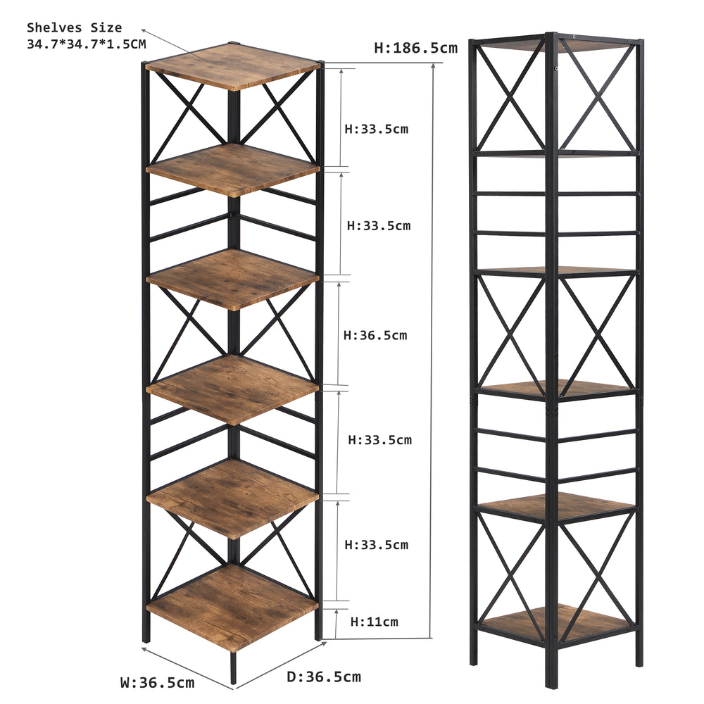 IHOMDEC Industrial 6-Tier Square Corner Bookshelf, 186.5cmH Rustic Dark Brown