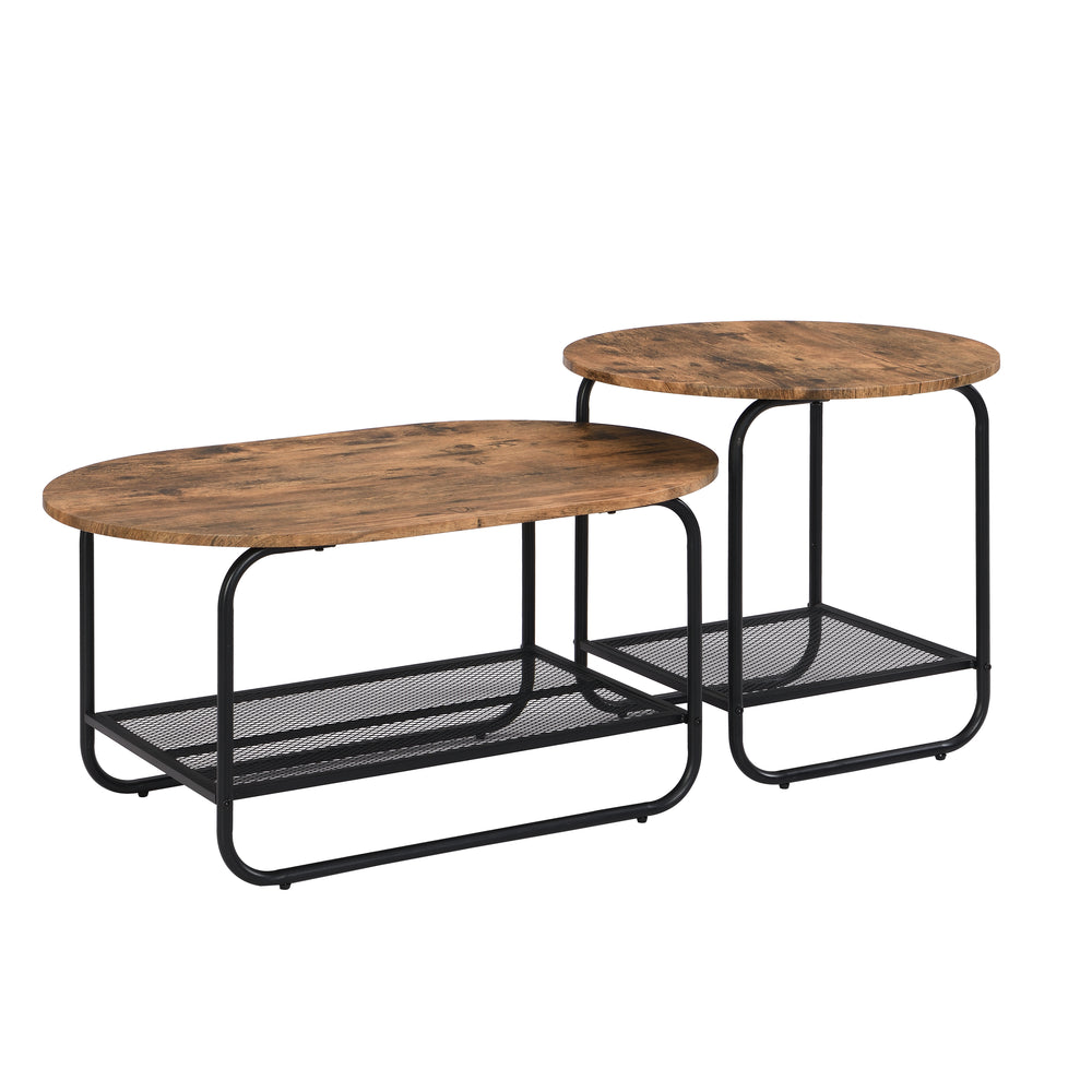 IHOMDEC 2-Tier Coffee Table Wood and Metal Frame Set of 2 Rustic Dark Brown