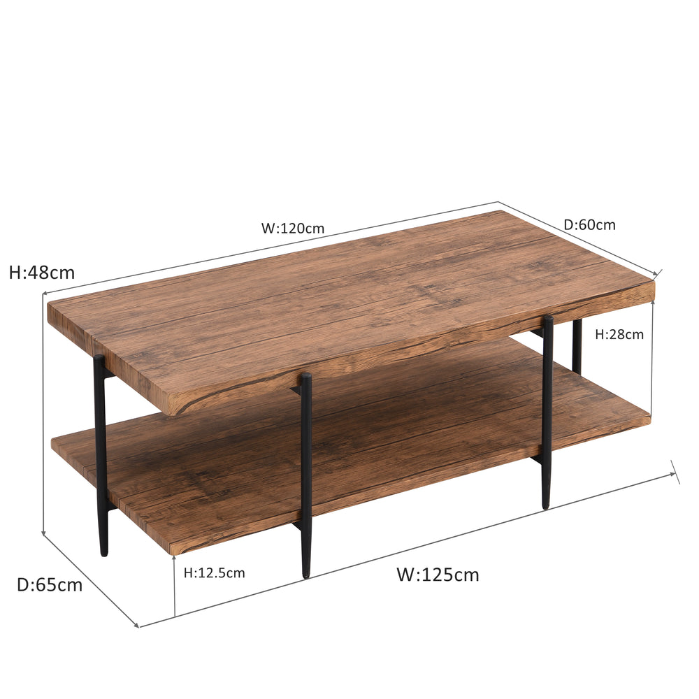 IHOMDEC Extra Long 2-Tier Coffee Table 125cmW Rustic Dark Brown