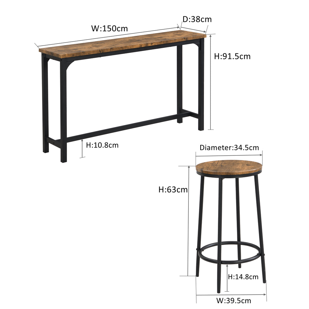 IHOMDEC Industrial 4-Piece Metal &amp; MDF Console Table Set with 3 Stools Rustic Dark Brown