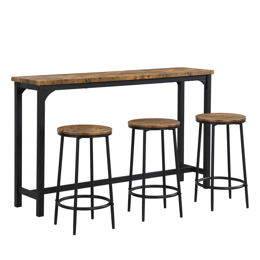 IHOMDEC Industrial 4-Piece Metal &amp; MDF Console Table Set with 3 Stools Rustic Dark Brown