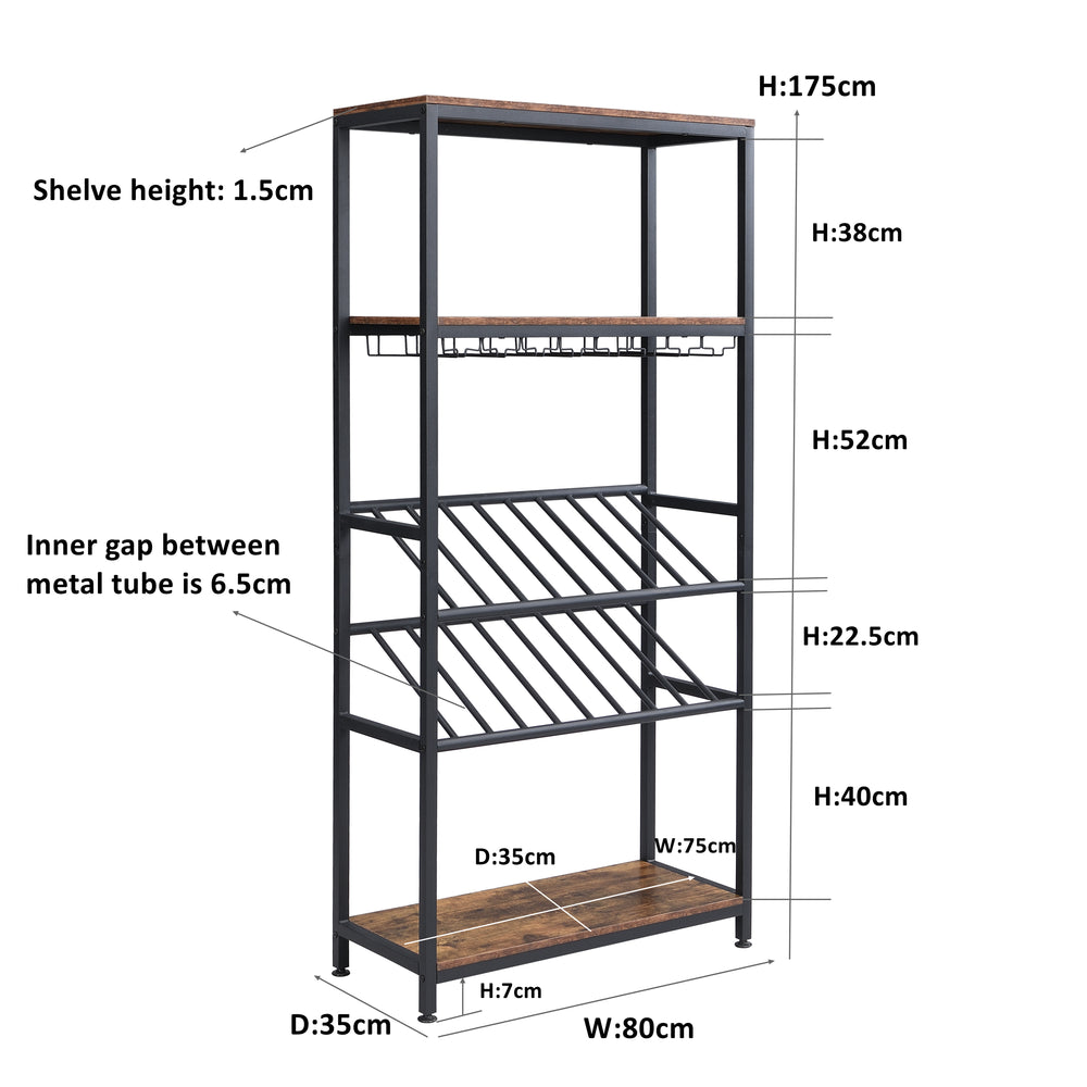 IHOMDEC 5-Tier Open Metal &amp; Faux Antique 16 Bottles 24 Glasses Wood Wine Rack