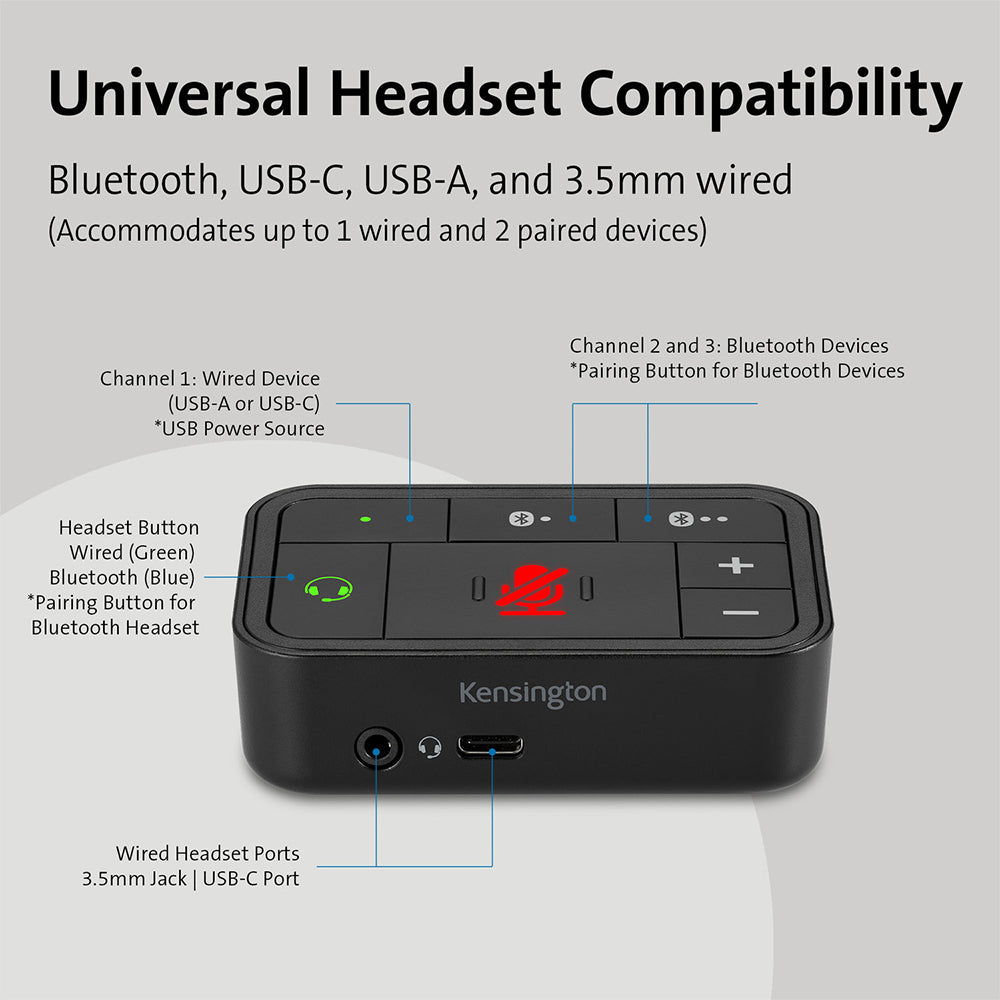 Kensington Universal 3-In-1 Pro Audio Headset Switch For Laptop - Black