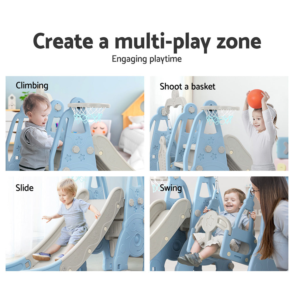 Keezi Kids Long Slide w/ Swing and Basketball Hoop PlaySet Blue