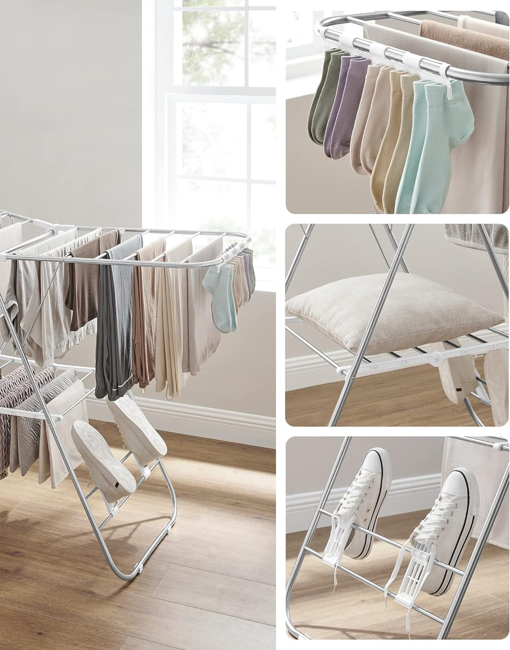 Songmics Foldable Clothes Drying Rack Clothes Airer with Height-Adjustable Wings
