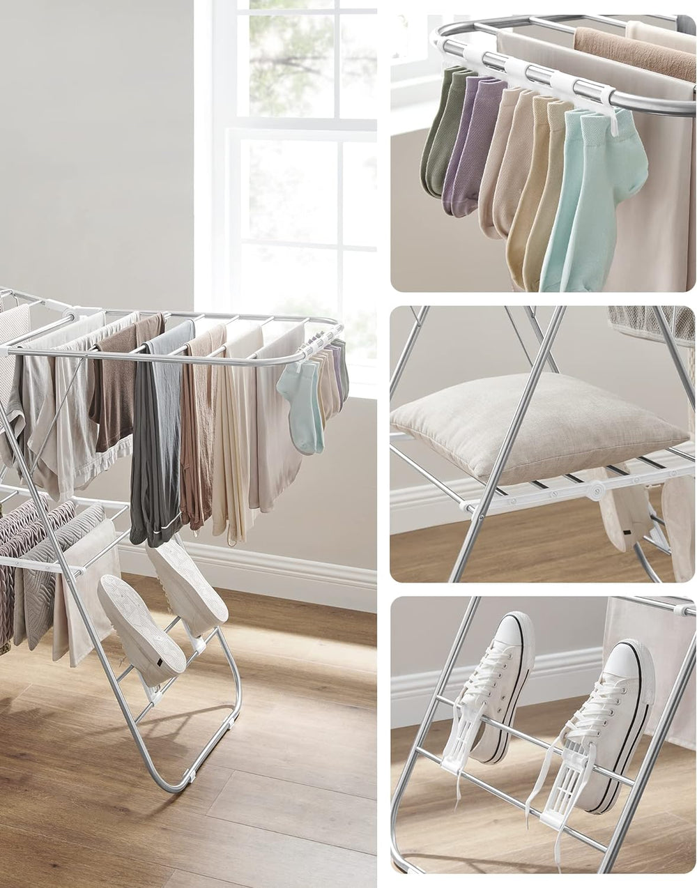 SONGMICS Foldable Clothes Drying Rack Clothes Airer with Height-Adjustable Wings