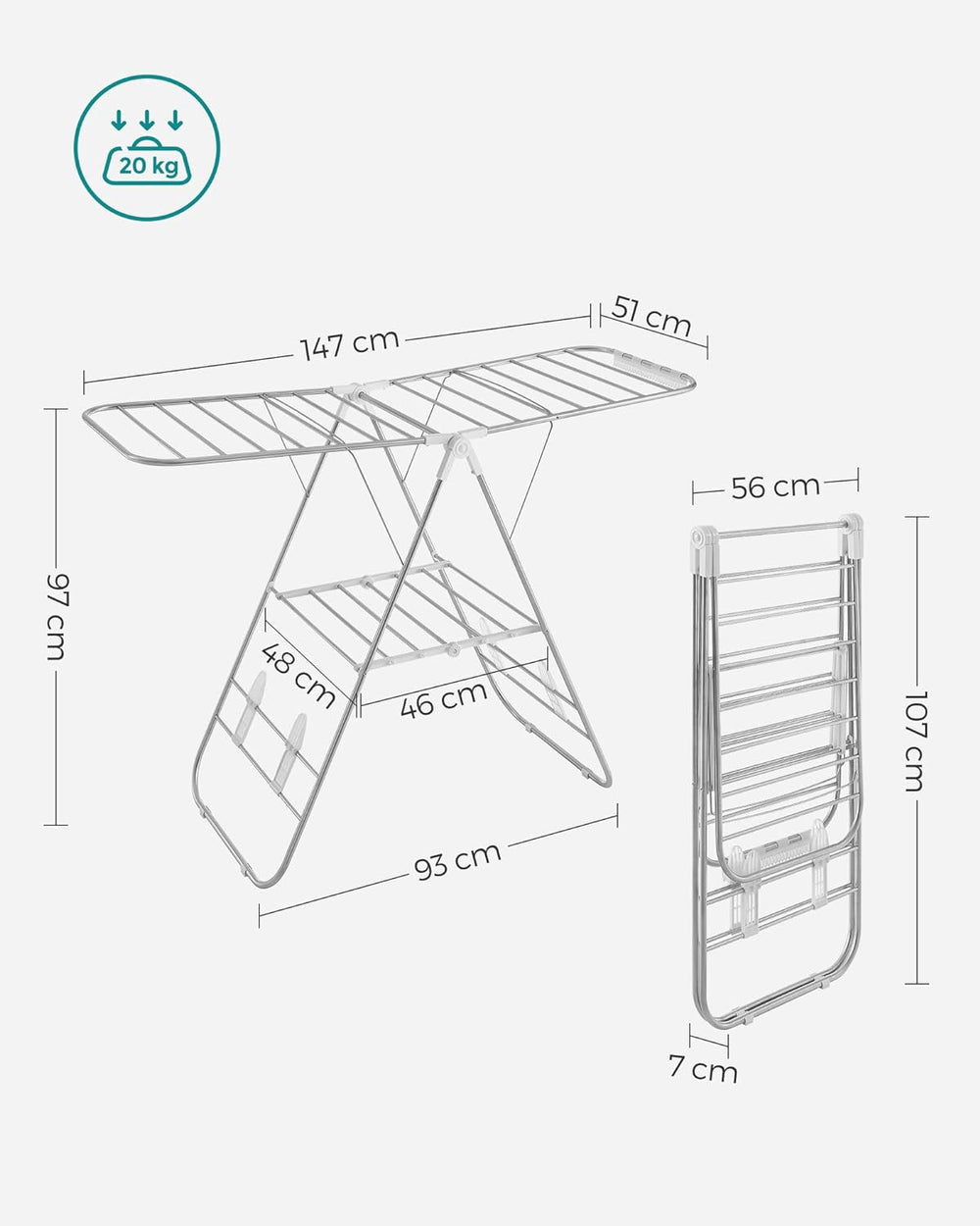 SONGMICS Foldable Clothes Drying Rack Clothes Airer with Height-Adjustable Wings