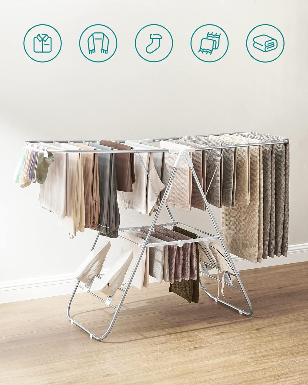 SONGMICS Foldable Clothes Drying Rack Clothes Airer with Height-Adjustable Wings