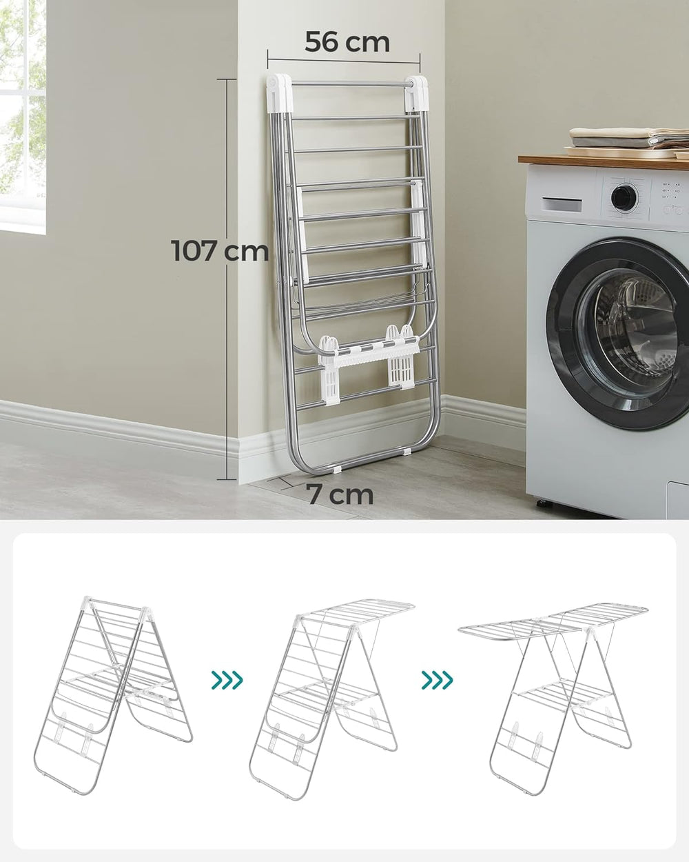 SONGMICS Foldable Clothes Drying Rack Clothes Airer with Height-Adjustable Wings