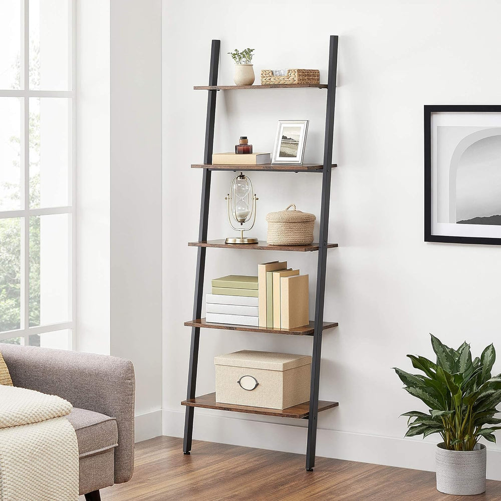 VASAGLE 5 Tier Industrial Ladder Bookcase Display Storage Shelves Bookshelf - Rustic Brown