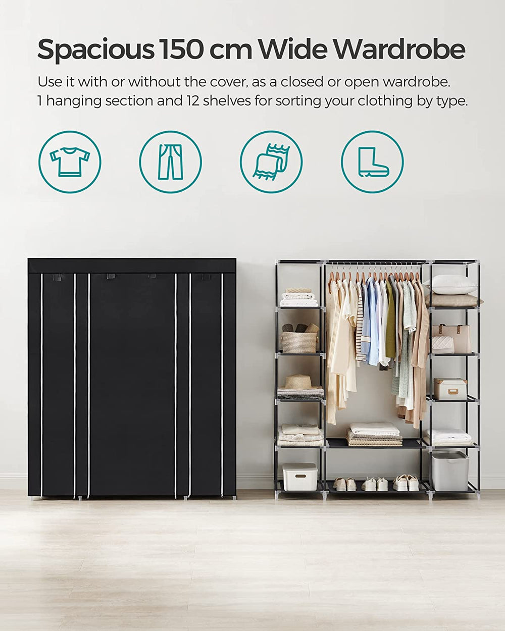 SONGMICS Non Woven Fabric Large Size Storage Clothes Portable Closet Wardrobe - Black