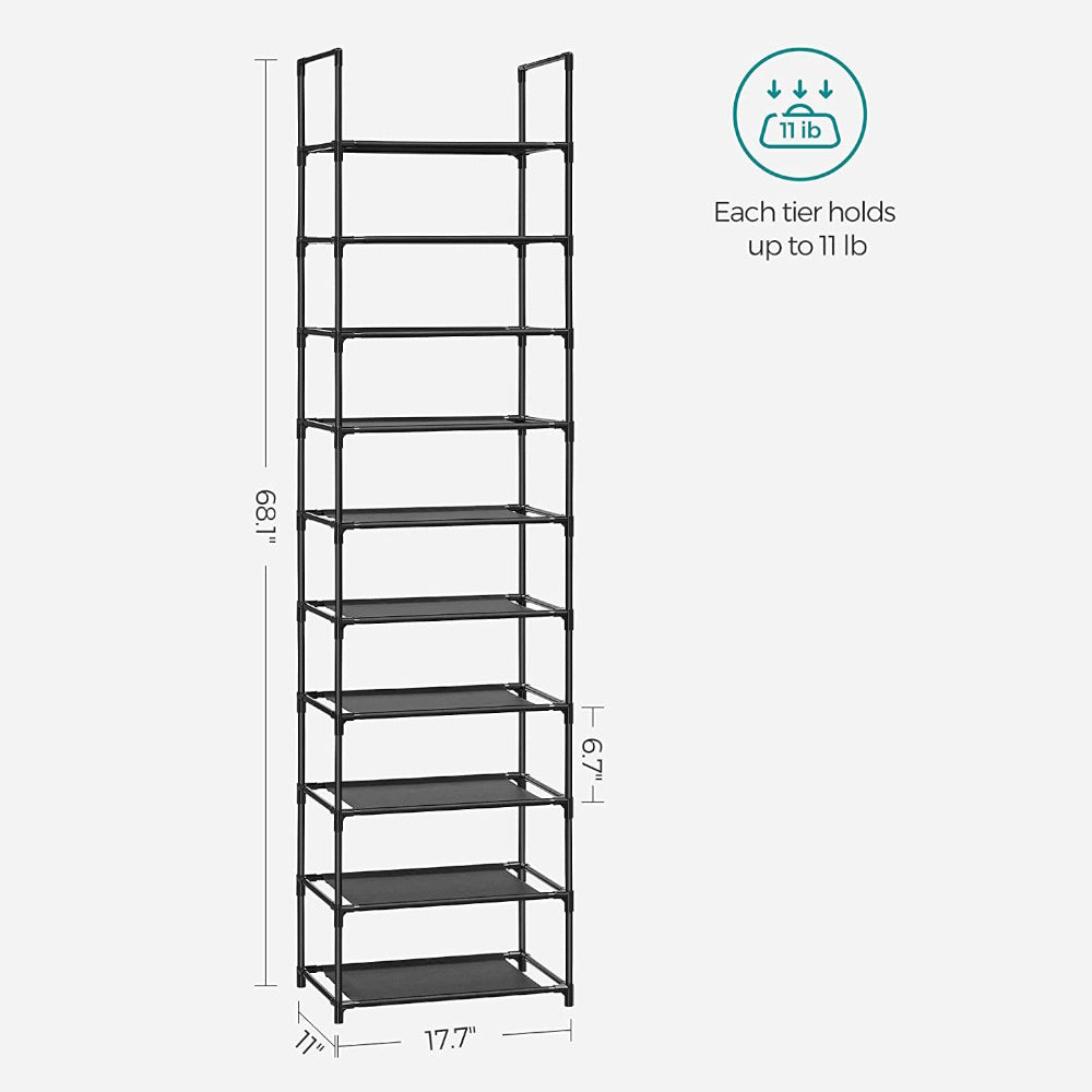 SONGMICS 10 Tier Storage Shelf Stand Entryway Shoes Organiser Metal Shoe Rack - Black