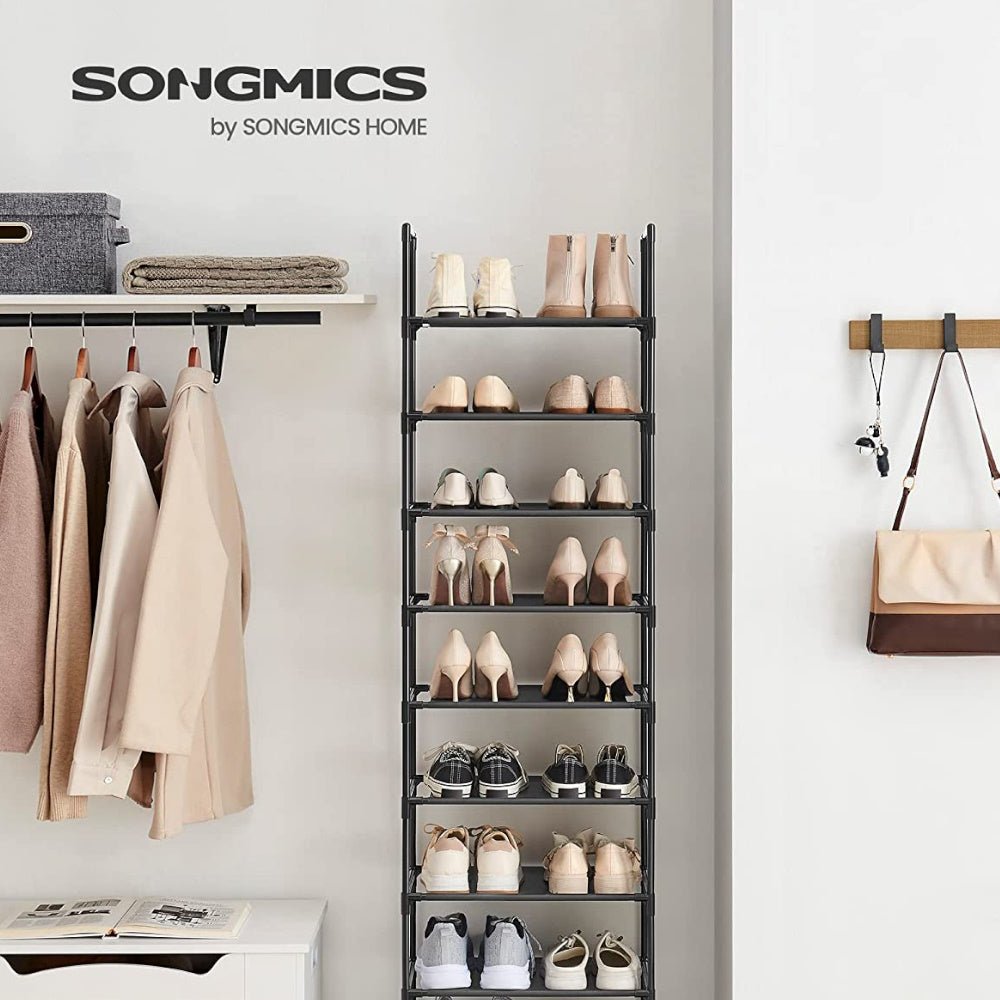 SONGMICS 10 Tier Storage Shelf Stand Entryway Shoes Organiser Metal Shoe Rack - Black