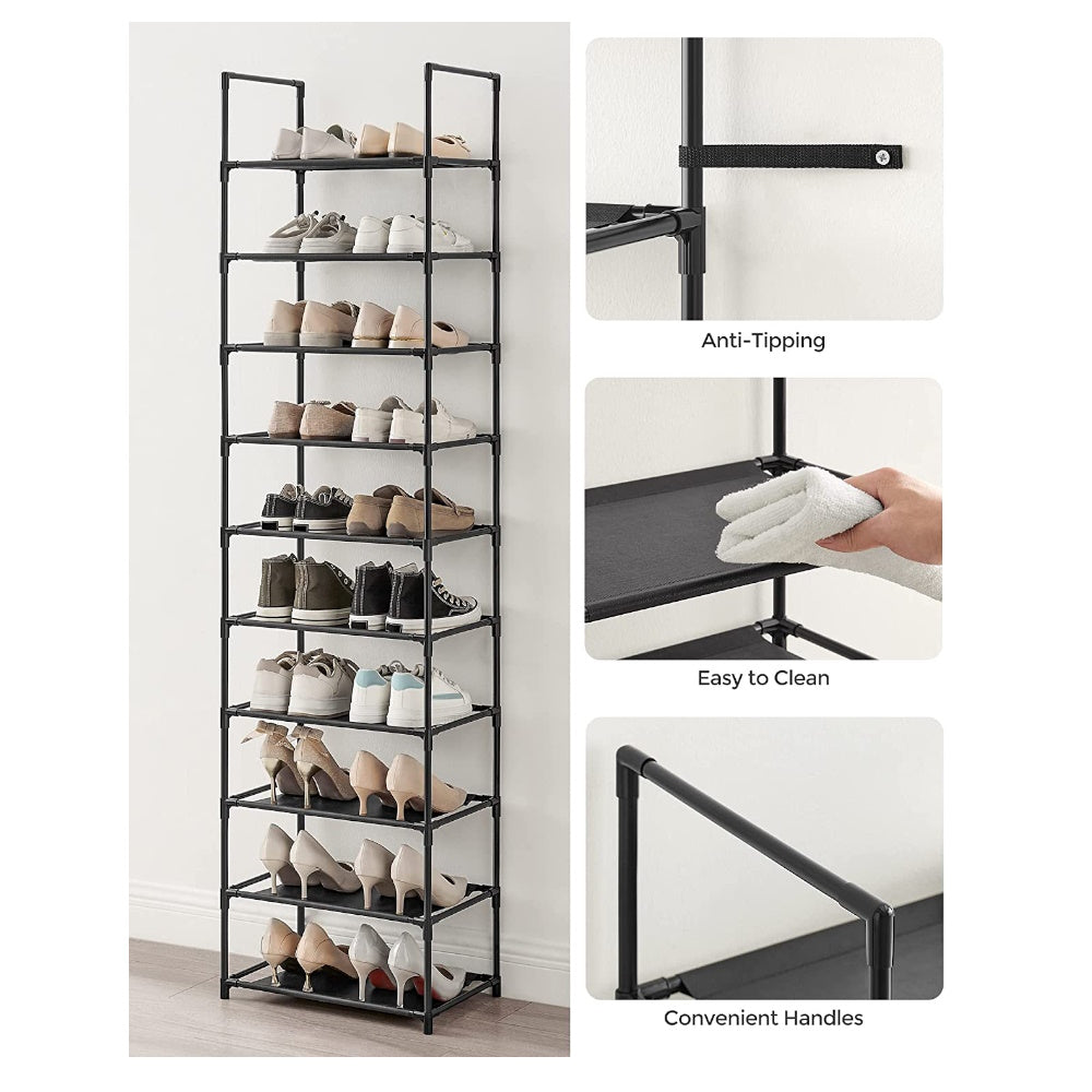 SONGMICS 10 Tier Storage Shelf Stand Entryway Shoes Organiser Metal Shoe Rack - Black