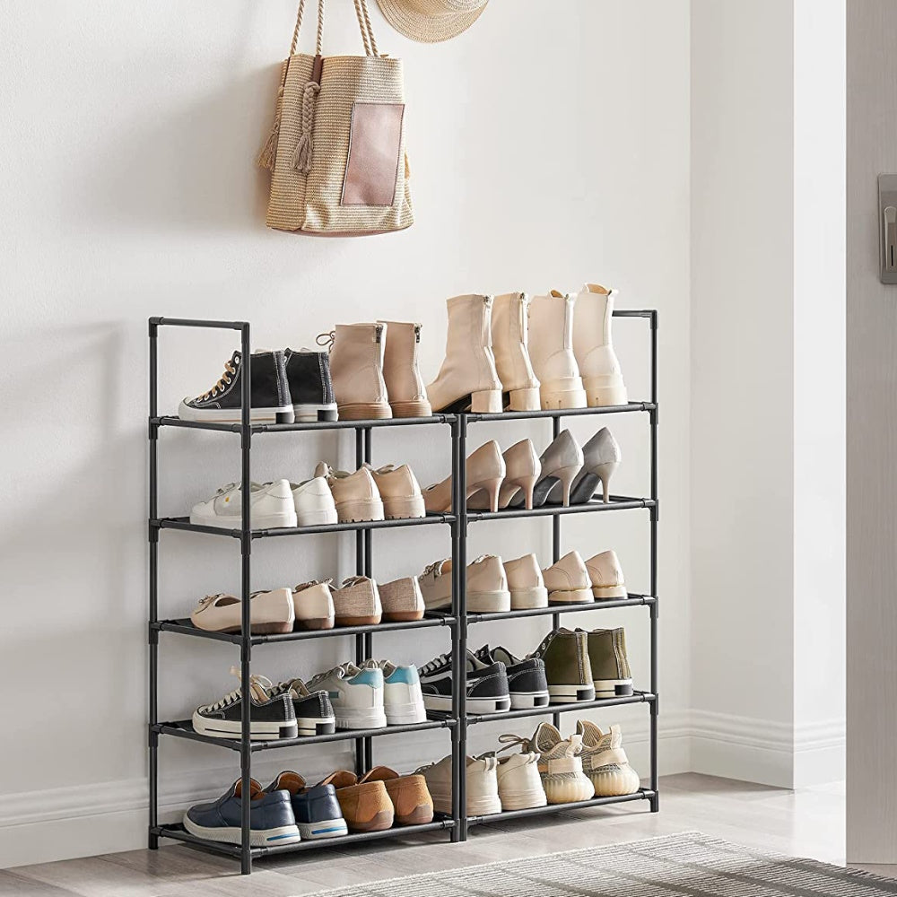 SONGMICS 10 Tier Storage Shelf Stand Entryway Shoes Organiser Metal Shoe Rack - Black