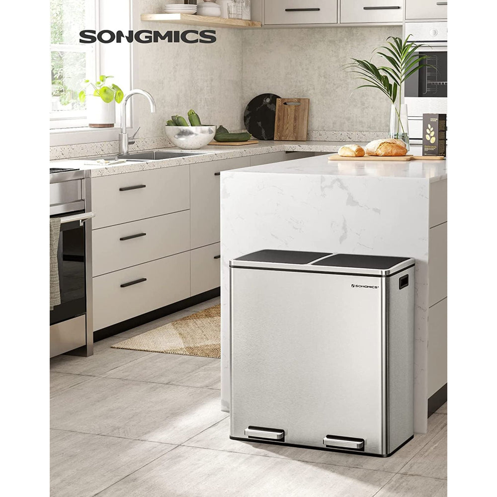 SONGMICS 60L Dual Compartment Kitchen Waste Trash Garbage Can Stainless Steel Rubbish Bin - Silver