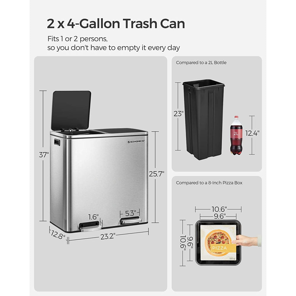 SONGMICS 60L Dual Compartment Kitchen Waste Trash Garbage Can Stainless Steel Rubbish Bin - Silver