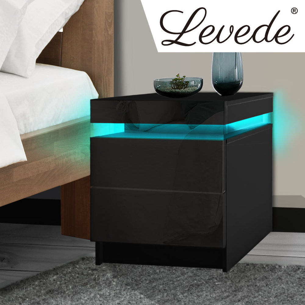 Levede Bedside Tables Side Table 2 Drawers RGB LED High Gloss Nightstand Cabinet