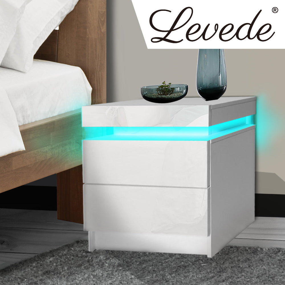 Levede Bedside Tables RGB LED Side Table 2 Drawers High Gloss Nightstand Cabinet