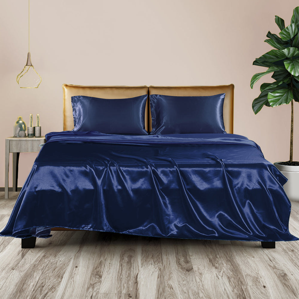 Dreamz Silky Satin Sheets Fitted Flat Bed Sheet Pillowcases Summer King Blue