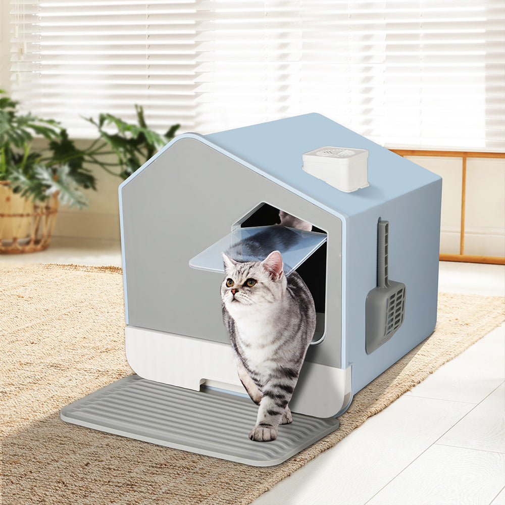 Pawz Fully Enclosed Cat Litter Box Mat Kitty Toilet Odour Control Basin Blue