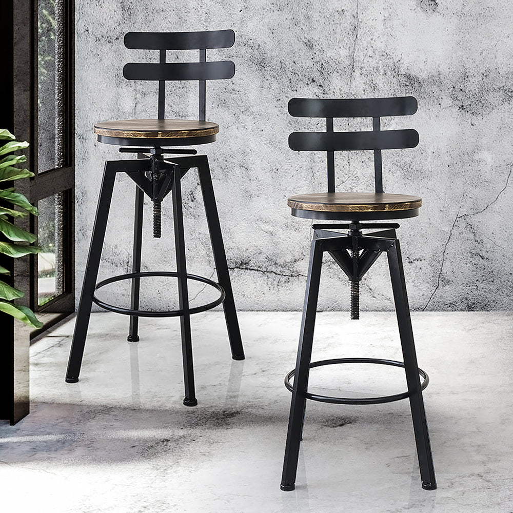 Levede 1x Bar Stool Industrial Adjustable Swivel Stools Back Wood Counter Chairs