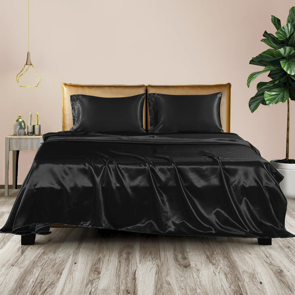 Dreamz Silky Satin Sheets Fitted Flat Bed Sheet Pillowcases Summer Queen Black