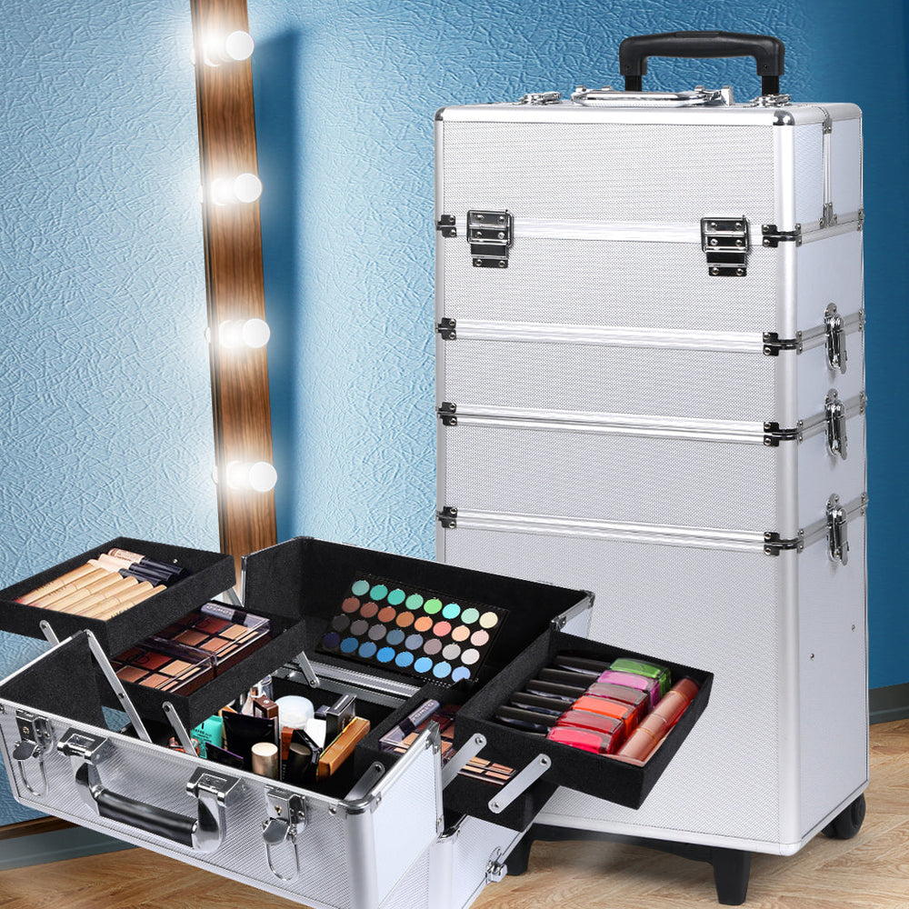 Traderight Group  7 in 1 Rolling Makeup Case Professional Plastic Cosmetic Organizer Box Silver