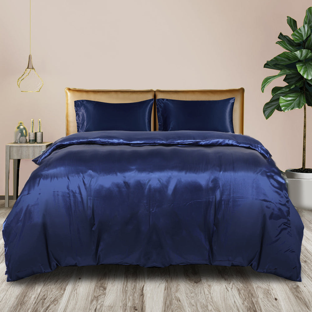 Dreamz Silky Satin Quilt Cover Set Bedspread Pillowcases Summer King Blue