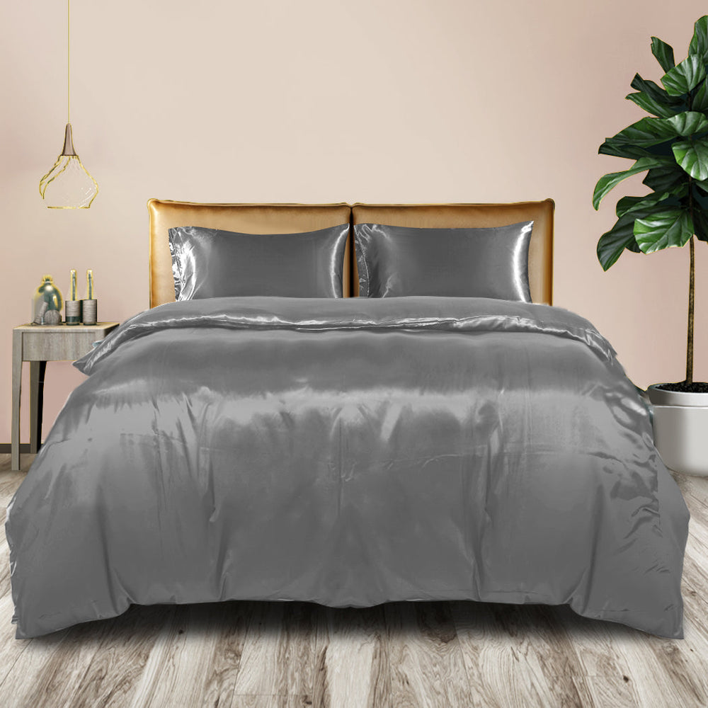 Dreamz Silky Satin Quilt Cover Set Bedspread Pillowcases Summer Double Grey