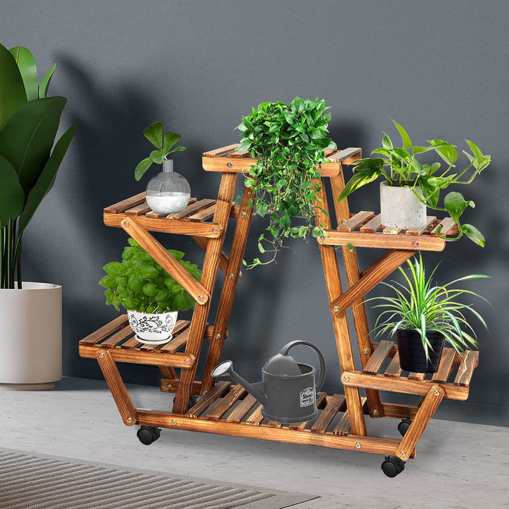 Levede 4-Tier Plant Stand Wood Wooden Wheel Shelf Flower Pots Rack Indoor Garden