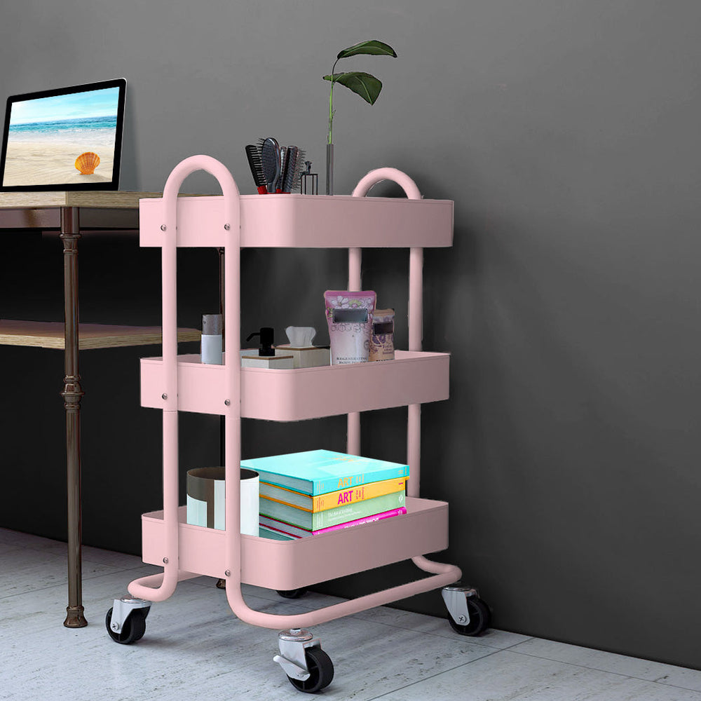 Levede 3 Tiers Kitchen Trolley Cart Steel Storage Rack Shelf Organiser Pink