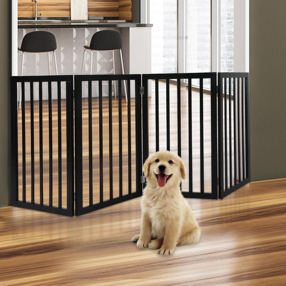 Pawz 4 Panels Wooden Pet Gate Dog Fence Safety Stair Barrier Security Door Black