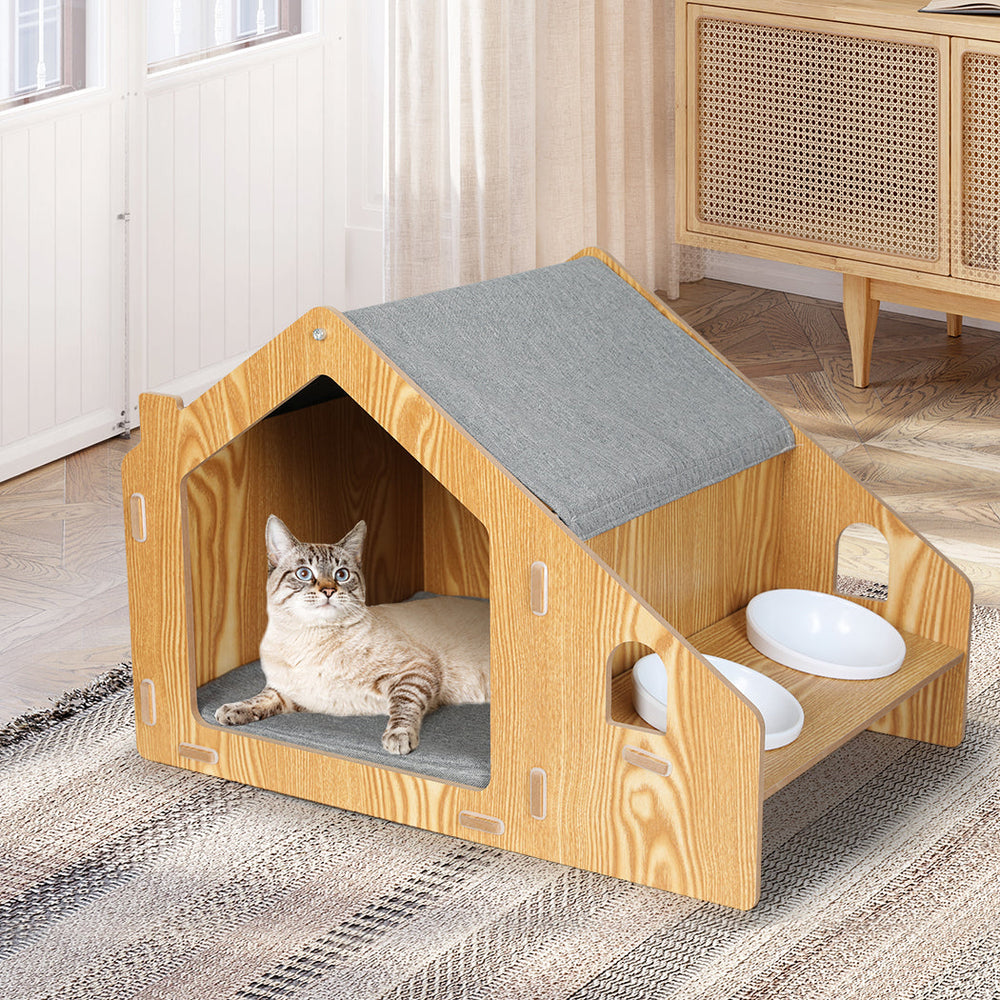 Pawz Wooden Pet House Cat Kennel Elevated Double Feeder Raised Feeding Bowls