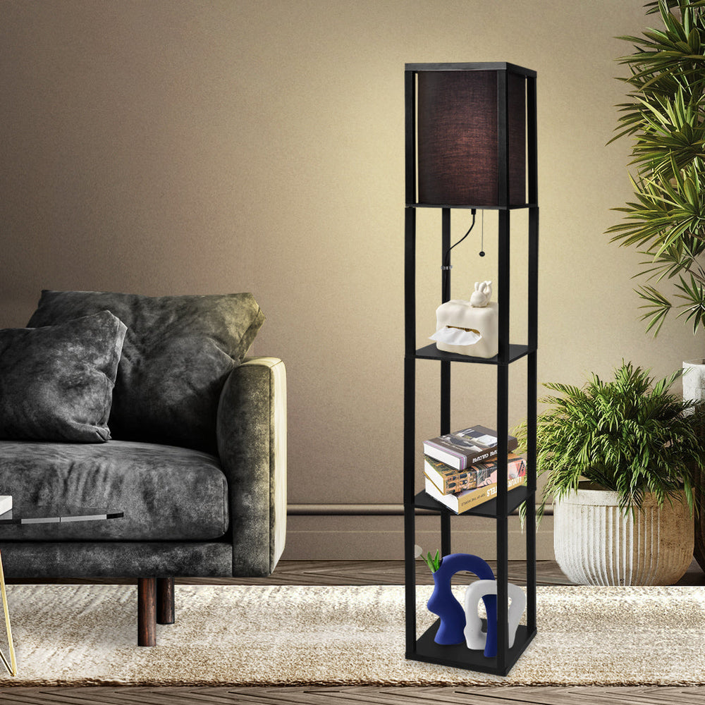 Emitto Floor Lamp Storage Shelf LED Wood Standing Reading Corner Light Black